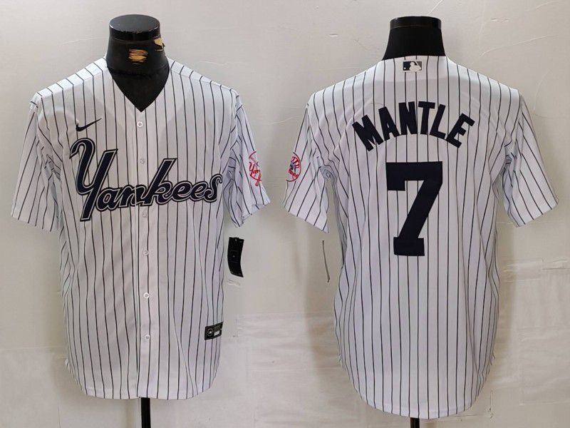 Men New York Yankees 7 Mantle White stripe Three generations of joint names Nike 2024 MLB Jersey style 1